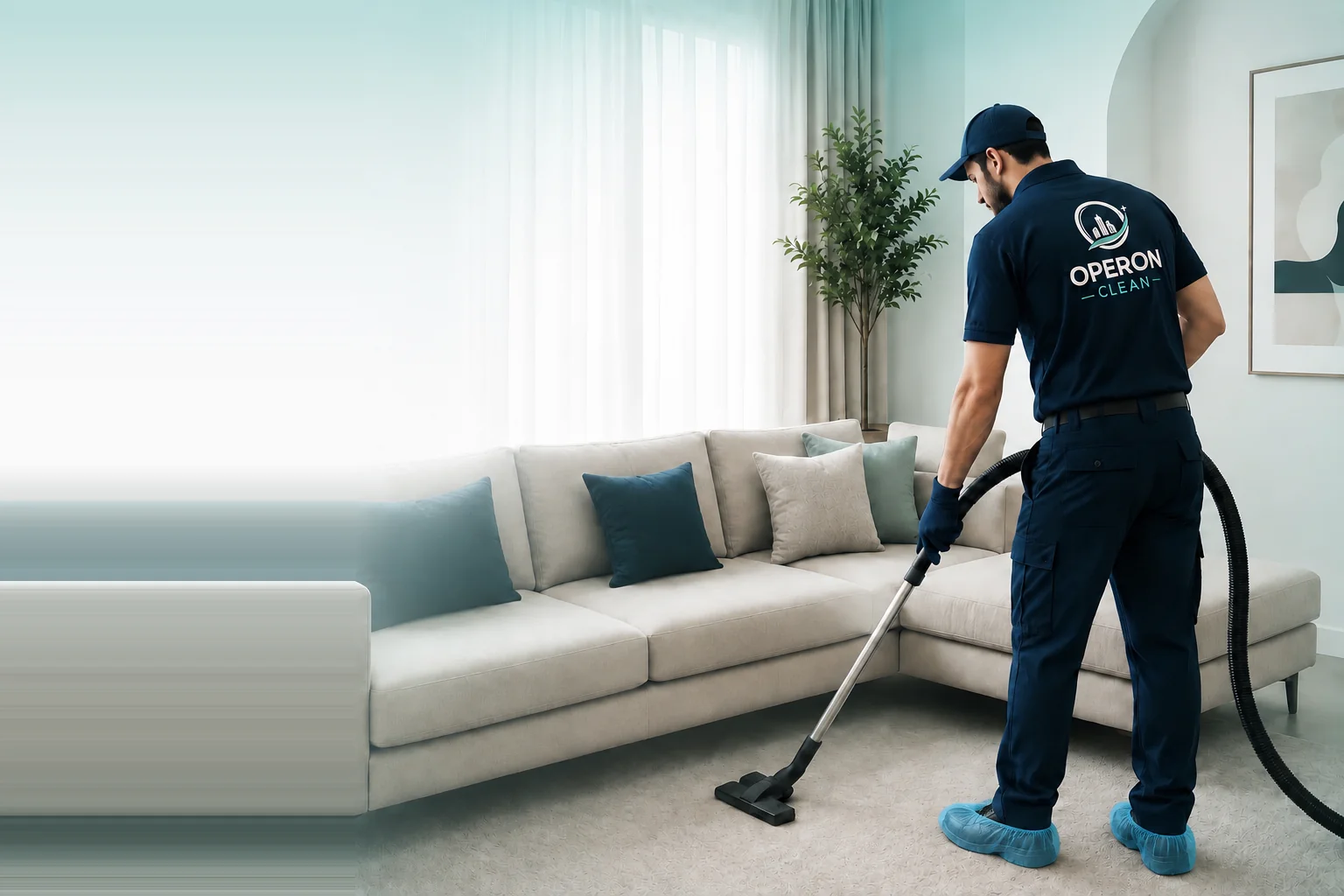 فريق OPERON CLEAN وسيارة الشركة أمام فيلا في الرياض